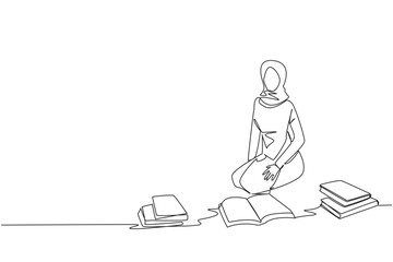 Single continuous line drawing Arabian woman reading the books happily. Good reading interest. Really enjoy reading story books. Reading everywhere. Book festival concept. One line vector illustration