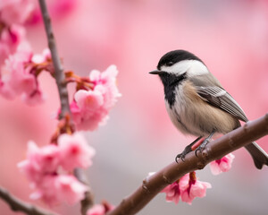 Obraz premium Beautiful Black-capped Chickadee. bird in wild nature sitting on a flowering tree
