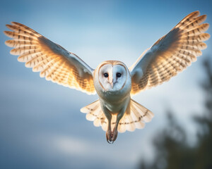 American Barn Owl flying in a blue sky