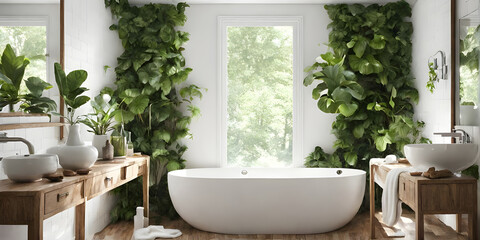 Bright bathroom with subway tile and a variety of green plants of deep forest style.