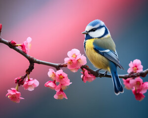 Obraz premium Beautiful Eurasian Blue Tit. bird in wild nature sitting on a flowering tree