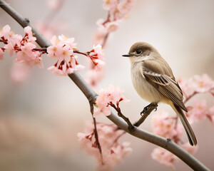 Beautiful Eastern Phoebe. bird in wild nature sitting on a flowering tree