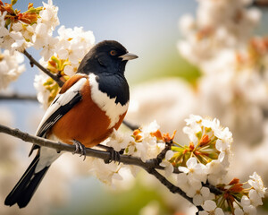 Beautiful Eastern Towhee. bird in wild nature sitting on a flowering tree