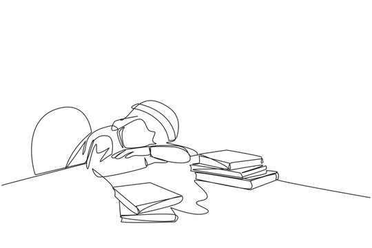 Continuous one line drawing Arabian man asleep at the table where there were piles of books. Tired after successfully finish favorite reading book. Reading. Single line draw design vector illustration