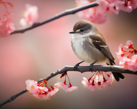 Beautiful Eastern Phoebe. bird in wild nature sitting on a flowering tree
