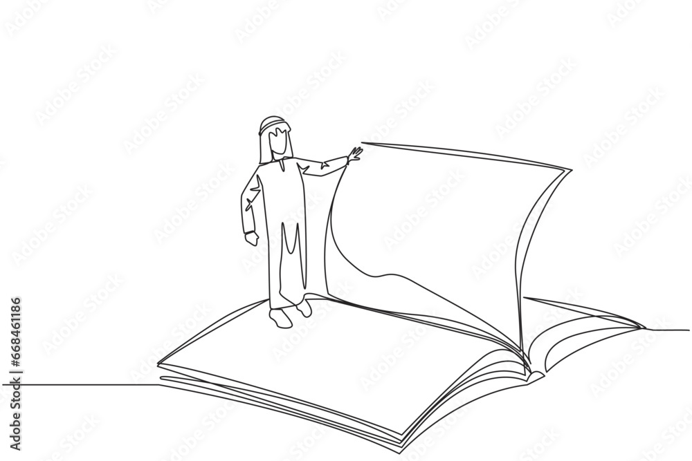 Poster single continuous line drawing arab man standing over open ledger turning the pages. read slowly to 