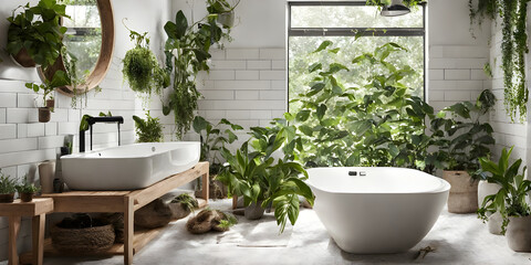 Fototapeta na wymiar Bright bathroom with subway tile and a variety of green plants of deep forest style.