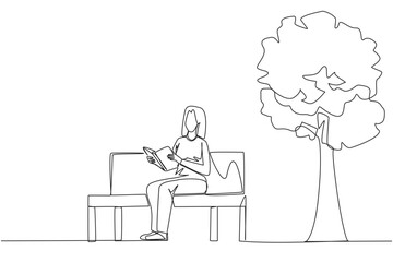 Single one line drawing woman sitting on park bench reading the book. Learn by re-reading the textbook. Read to get maximum marks. Reading increase insight. Continuous line design graphic illustration