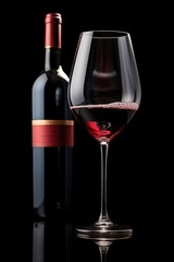 Glass of wine with red wine in it on strong black background.