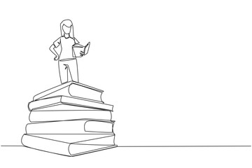 Continuous one line drawing woman standing on pile of books reading fiction story book. Intrigued by book series. Read anywhere to finish reading. Reading. Single line draw design vector illustration