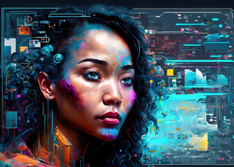 Futuristic sci-fi wallpaper of a woman’s digital portrait with vibrant tech elements. Perfect for adding a dynamic touch to instructional guides, user manuals, and educational materials.
