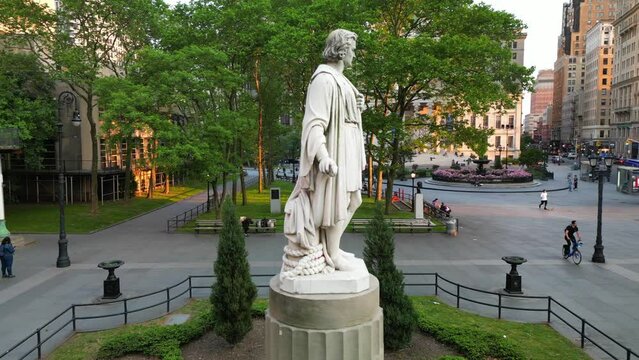 This is an aerial view of the Christopher Columbus Statue at Cadman Plaza Park in Brooklyn, NY. 