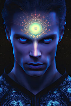 Portrait of a futuristic man with a glowing eye. 