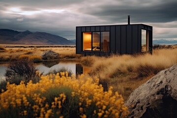 A lone modern and minimal black shed in the lowlands of a mountain range. - obrazy, fototapety, plakaty