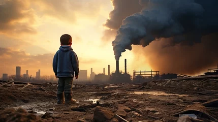 Foto op Plexiglas A small child stands on dry land looking at a factory emitting hot smoke © boxstock production