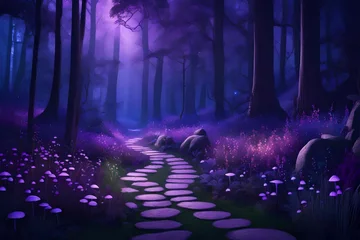 Foto op Plexiglas Glade in magic forest at night. Fantastic woods landscape with trees, mushrooms, flowers and grass in mystic purple light, path and stones © Amazing-World