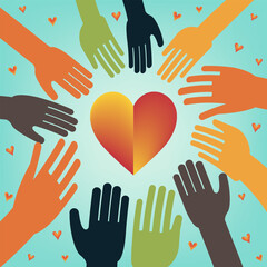 Diversity, Equity, Inclusion, Belonging Concept Abstract Background with hands around a heart. Love and support towards others