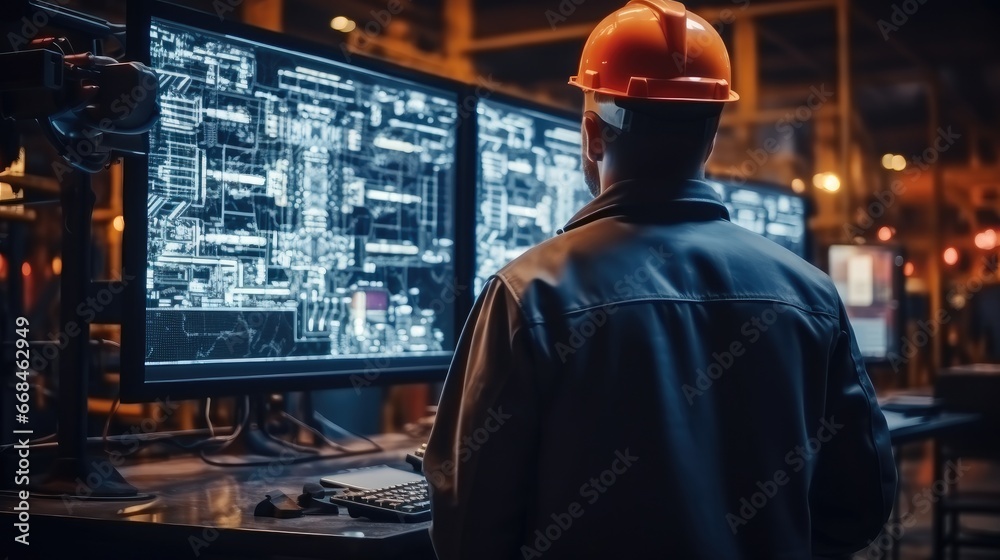 Poster engineer checking on big screen monitor computer for control machine in factory.