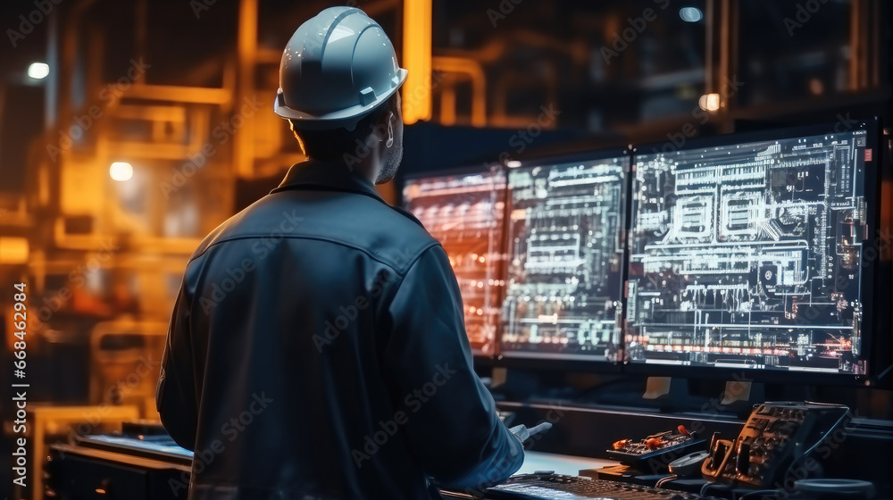 Aufkleber Engineer checking on big screen monitor computer for control machine in factory.