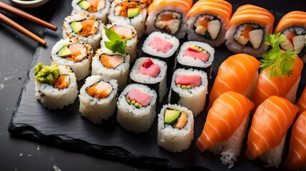japanese sushi food. Maki ands rolls with tuna, salmon, shrimp, crab and avocado. Top view of assorted sushi. Rainbow sushi roll, uramaki, hosomaki and nigiri.