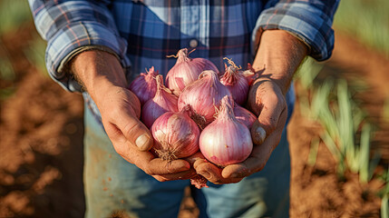 the farmer holds a red onion in his hands in a field. - obrazy, fototapety, plakaty