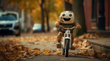 A Happy Humanoid Robot Boy On A Thrilling Bike Adventure Through a Park Full of Orange Autumn Leaves. Robot riding a bicycle