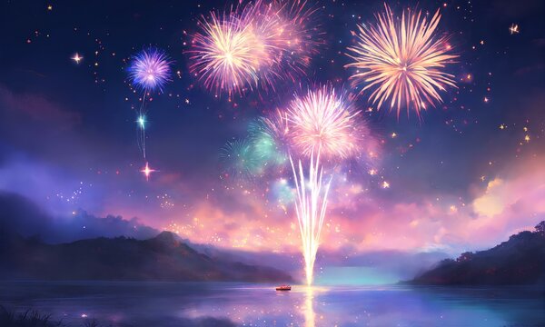 ハッピーニューイヤー、水彩画の背景素材、花火のイラスト｜Happy New Year. Watercolor background material. Illustration of fireworks. Generative AI