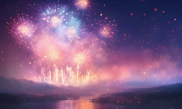 ハッピーニューイヤー、水彩画の背景素材、花火のイラスト｜Happy New Year. Watercolor background material. Illustration of fireworks. Generative AI