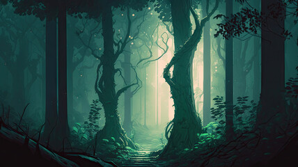 Mysterious dark forest. Halloween background. 3D rendering.