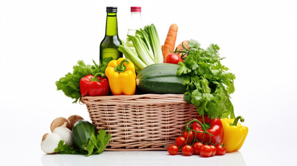 Wicker basket with vegetables on white background