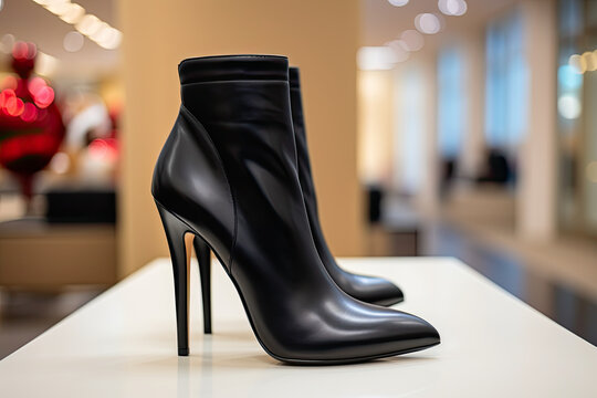 black leather high heel ankle boot displayed in a store