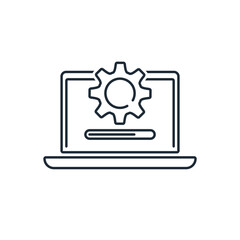 Laptop and gear. Execution, сompletion status. Update system. Vector linear icon isolated on white background.