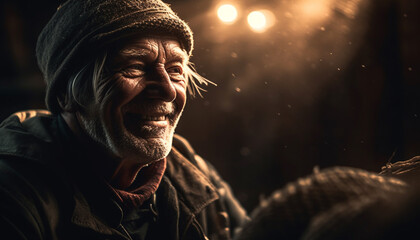 Smiling senior men enjoy autumn adventure in forest, looking happy generated by AI