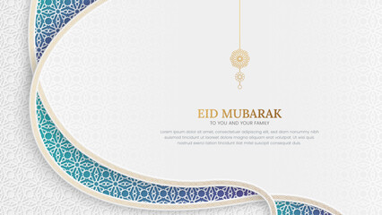 Eid Mubarak Islamic colorful background with interlaced arabesque border and Arabic style pattern