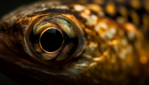 Yellow Fish Eye Shines In Extreme Close Up Underwater Portrait Generated By AI