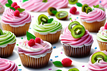 Sweet kiwi cupcakes and strawberry cupcakes are delicious. Generative AI.