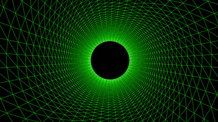 Green wireframe tunnel, Abstract wireframe funnel. Abstract dynamic wormhole tunnel on black background. Deep wavy wormhole. 3d rendering