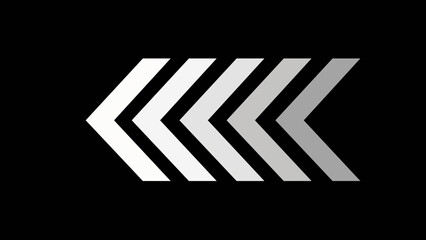 White glowing left arrows. 4K silhouette arrows animation in white color isolated on black chroma key background. Seamless loop. Direction banner