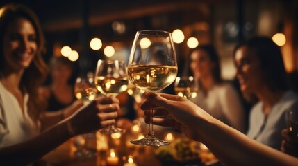 Close up shot of a group of joyful friends enjoying together, Having fun and toasting with wine during dinner party.