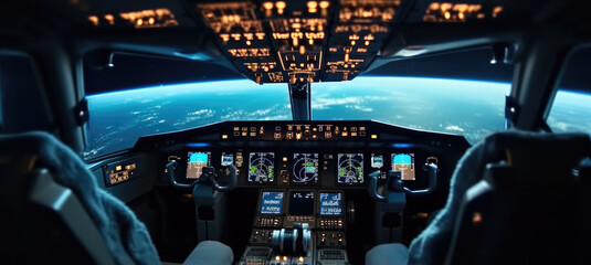 Close-up of airline flight deck and controls. - obrazy, fototapety, plakaty