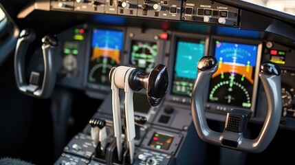 Close-up of airline flight deck and controls. - obrazy, fototapety, plakaty