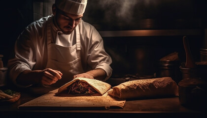 Fototapeta premium One man, expertly preparing homemade bread in a dark kitchen generated by AI