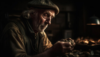 Senior man holding flame, concentrating on craft in dark workshop generated by AI