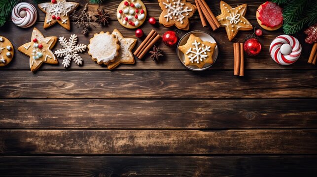 Tasty homemade Christmas cookies on wooden background, flat lay. Space for text	