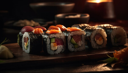 Fresh seafood meal on wooden plate, sushi rolls and sashimi generated by AI