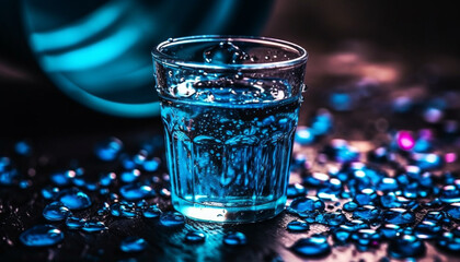 Blue liquid drop splashing in drinking glass on transparent table generated by AI