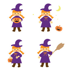 ハロウィンの仮装をした魔女の女の子のイラストセット
