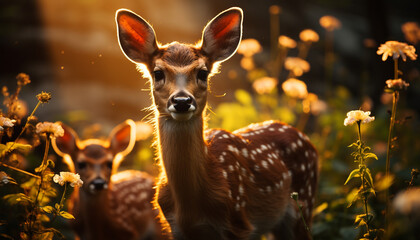 Cute fawn standing in meadow, looking at camera peacefully generated by AI