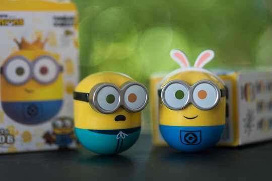 Bangkok, Thailand - October 27, 2023 : A Minions Random Box of tumbler Minions a collection of Minions BOB 1.0, randomly to 12 and secret 1 designs, sall in Miniso shop at Thailand
