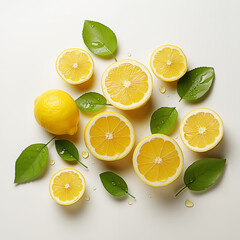 Lemon cut in half with leaves from the top corner, used for retouching.